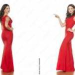 piros maxi ruha Début 12-s h: 150 cm mb: 92-98 cm db: 79 cm hátul kámzsás fotó