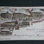 Képeslap, Postcard, Beregszász, mozaik, megyeháza, termény csarnok, iskola, bank, litho, 1899 fotó