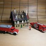 TT 1: 120 Vollmer leégett ház tűzoltóval, 2db tűzoltó tehergépjárművel terepasztal, vasútmodell fotó