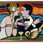 Scheiber Hugó, art-deco szerelmespár a bárban, szép régi olajfestmény, 1 forintról, minimálár nélkül fotó