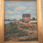 Bíró Béla ( Makó1899 - USA 1982 ) festőművész " Tóparti ház " c. keretezett olajfestménye 1920 fotó