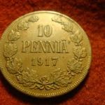 Finnország nagyméretű réz 10 pennia 1917 kiváló fotó