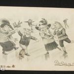 Ujévi képeslap - korcsolyázó malacokkal - litho fotó