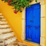 Ingyen posta, kész kép fakeretben, Vászonkép, Mediterrán, kapu, lépcső, virág, kék fotó