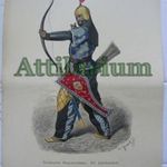 Perzsa íjász, harcos XV. sz. íj, tegez, kard, Régi színes fametszet, 1877-ből! Eredeti nyomat. fotó