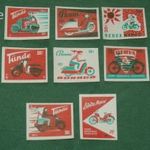 Gyufacímke, 8 db, Magyarország, 30 fillér, Berva, Panni, Tünde robogó, motorkerékpár sor, zöld, 1960-65 fotó