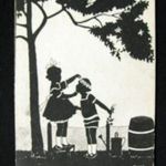 Árnyképes művészlap gyermekekkel, hordoval 1920 fotó
