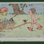 Képeslap, Ilse Nordhaus grafikai rajzos, kisgyerek, talicska, madár, gomba, bogár fotó