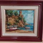 (K) Gyönyörű mediterrán festmény, tenger, kikötő 42x37 cm kerettel fotó