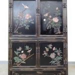 Antik kínai bútor növény madár zsírkő dombor berakásos festett fekete lakk szekrény 601 7306 fotó