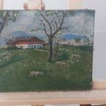(K) Antik tájkép bárányokkal, házikóval 26x33 cm fotó