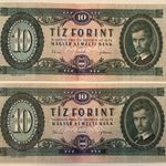 2 db 10 Forint bankjegy, KÖZELI SORSZÁMMAL, ROPOGÓS (XF) (1962).1 Ft-os licit! (13) fotó