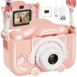 Digitális gyerek fényképezőgép cicás tokkal, levehető pánttal és 5 játékkal -16 GB micro SD, rózs... fotó