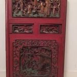 Antik kínai ázsiai bútor patinás aranyozott festett domború kép faragott bútor ajtó dísz 9 Leárazva fotó