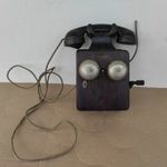 antik falra szerelhető fa dobozos kagylós kurblis telefon fotó