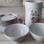 Alföldi porcelán, jelzett, rózsaszín rózsás készlet, összeállítás fotó