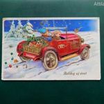 Boldog új évet, 1938! Futott Amag lap. Autó, gyerekek, teli kosár, gomba, patkó, négylevelű lóhere. fotó