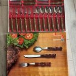 TRAMONTINA evőeszköz készlet étkészlet kés kanál villa FA NYELŰ 18 darabos - BONTATLAN - RETRO fotó