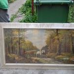 Régi retro Régi Kép, 113x 63 cm, festmény kép Lovaskocsi fát hord faros, lemez félén. fotó
