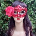 Velencei jellegű virágos flitteres csipke szegélyű maszk álarc farsangi jelmez kiegészítő PIROS fotó