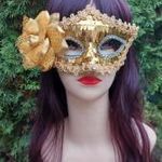 Velencei jellegű virágos flitteres csipke szegélyű maszk álarc farsangi jelmez kiegészítő ARANY fotó