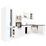 Yorki 370 sarok konyhablokk fehér korpusz, selyemfényű fehér fronttal alulagyasztós hűtős szekrénnyel fotó