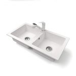 Gránit mosogató NERO Lybra + kihúzható zuhanyfejes Shower csaptelep + szifon (fehér) fotó