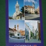 Képeslap, Sopron, térképes, tűztorony, szentháromság szobor, színház, művelődési ház, Ikarus busz fotó