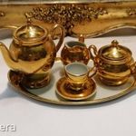 Aranyozott miniatűr porcelán kávés készlet tálcán, dísztárgy -CSAK 1 Ft - fotó