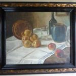 Antik olaj vászon festmény, Asztali csendélet almákkal 2402 14 fotó