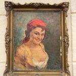 Szöllősy János (1884-?) festőművész keretezett olajfestménye - " Fiatal kacér hölgy portréja " fotó
