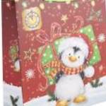 Karácsonyi ajándéktáska 23x18x10cm, közepes, piros, pingvin ajándékkal - Egyéb fotó