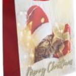 Karácsonyi ajándéktáska 32x26x12cm, nagy, glitteres, cica ajándékkal, Merry Christmas felirattal - E fotó