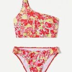 új félvállas piros virágos bikini 2 részes fürdőruha S - fotó