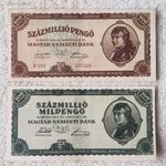 Pengő-milpengő páros: 100 millió és 100 millió milpengő 1946-ból (VF) | 2 db bankjegy fotó