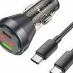 HOCO autós töltő USB+Type-C aljzat (48W, PD gyorstöltő, LED kijelző + Type-C kábel) FEKETE fotó
