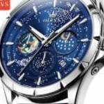 Új, OLEVS® Starry Blue Quartz férfi bőrszíjas Chronograph óra (holdfázis)szuper áron! fotó