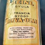 cca 1930 Meinl Gyula francia gyógy olivaolaj, hidegen sajtolva címkés üveg; m: 24cm; olajmaradvány fotó