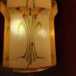Szecessziós antik réz függesztett lámpa, színes, festett, savazott búrával fotó
