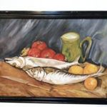 Szentgyörgyi Kornél, csendélet halakkal, modern olajfestmény, 1 forintról, minimálár nélkül. fotó
