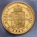 Arany 4 forint Ferenc József 1883 K.B. 3, 23 gramm 900/1000 au ULTRA ritka! 11.865 vert darab!! RRR!! fotó
