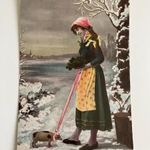 Újév Boldog Újévet hölgy kendő malac szalag póráz téli táj 1910 KÉPESLAP fotó