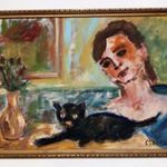 Czóbel Béla, lány macskával, gyönyörű régi olajfestmény, 1 forintról, minimálár nélkül. fotó