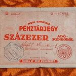 1946 -os PÉNZTÁRJEGY Százezer ( 100.000 ) Adópengőről M.KIR.POSTATAK. felülbélyegzéssel!!! (L1516) fotó
