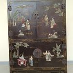 Antik kínai bútor növény gésa madár zsírkő dombor berakásos festett fekete lakk szekrény 819 8751 fotó