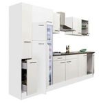 Yorki 300 konyhablokk fehér korpusz, selyemfényű fehér fronttal felülfagyasztós hűtős szekrénnyel fotó