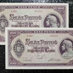 Minőségi bankjegy: 2 db sorszámkövető 1945 100 pengő hajtatlan, hibátlan, hófehér papír UNC fotó