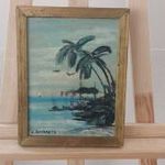 (K) Jelzett tájkép festmény tengerpart pálmafákkal 21x27 cm kerettel fotó
