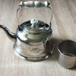 Rozsdamentes acél teáskanna, teafőző, szűrőbetéttel, porcelán fogantyúval fotó