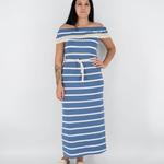 Vállra húzható, hosszú, kék-fehér csíkos női ruha fotó